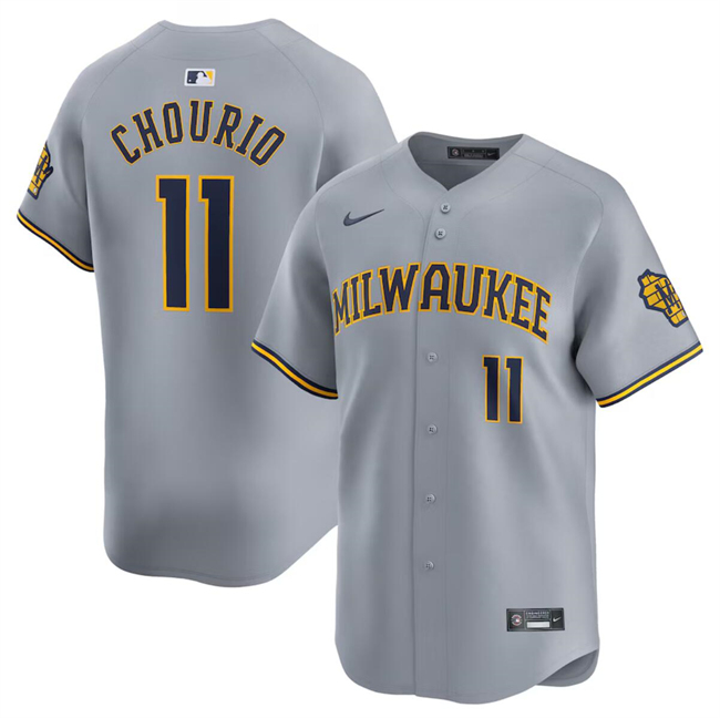 Men's Milwaukee Brewers #11 Jackson Chourio Gray 2024 Away Limited Stitched Baseball Jersey